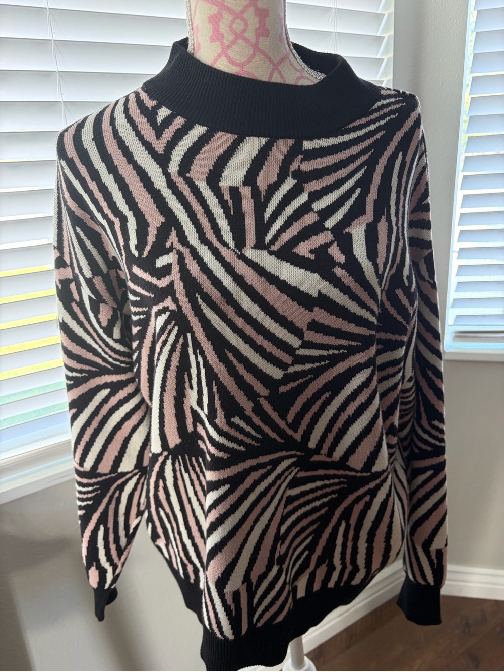 Anne Klein Black, Blush Pink & Cream Zebra-Print Turtleneck Sweater